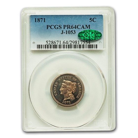 1871 Five Cent Nickel Pattern PR-64 Cameo PCGS CAC (J-1053) 1871 Five Cent Nickel Pattern PR-64 Cameo PCGS CAC (J-1053)