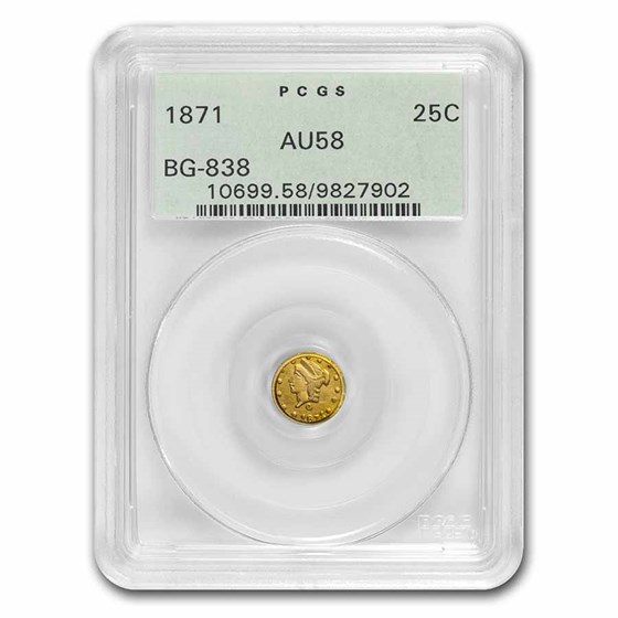 1871 Liberty Round 25 Cent Gold AU-58 PCGS (BG-838) 1871 Liberty Round 25 Cent Gold AU-58 PCGS (BG-838)