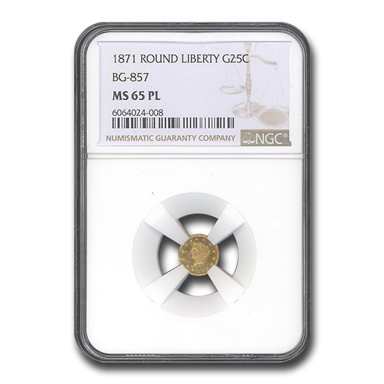 1871 Liberty Round 25 Cent Gold MS-65 NGC (PL, BG-857) 1871 Liberty Round 25 Cent Gold MS-65 NGC (PL, BG-857)