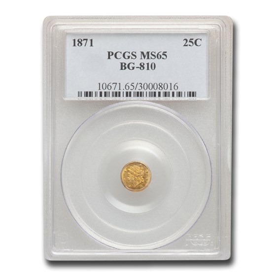 1871 Liberty Round 25 Cent Gold MS-65 PCGS (BG-810) 1871 Liberty Round 25 Cent Gold MS-65 PCGS (BG-810)