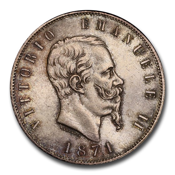 1871-M Italy Silver 5 Lire Emanuele II MS-64 PCGS