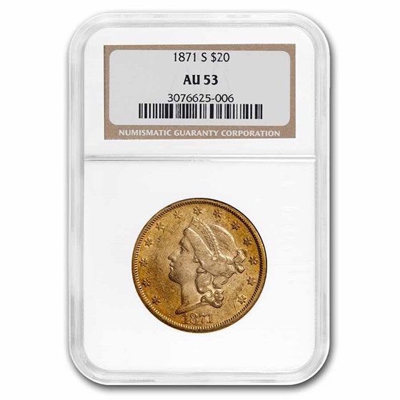 1871-S $20 Liberty Gold Double Eagle AU-53 NGC 1871-S $20 Liberty Gold Double Eagle AU-53 NGC