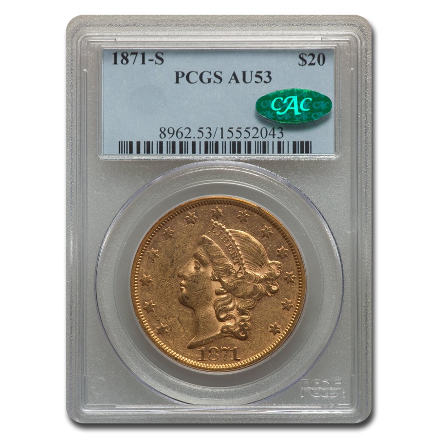 1871-S $20 Liberty Gold Double Eagle AU-53 PCGS CAC