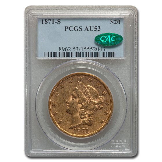 1871-S $20 Liberty Gold Double Eagle AU-53 PCGS CAC 1871-S $20 Liberty Gold Double Eagle AU-53 PCGS CAC
