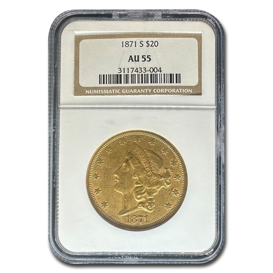 1871-S $20 Liberty Gold Double Eagle AU-55 NGC 1871-S $20 Liberty Gold Double Eagle AU-55 NGC