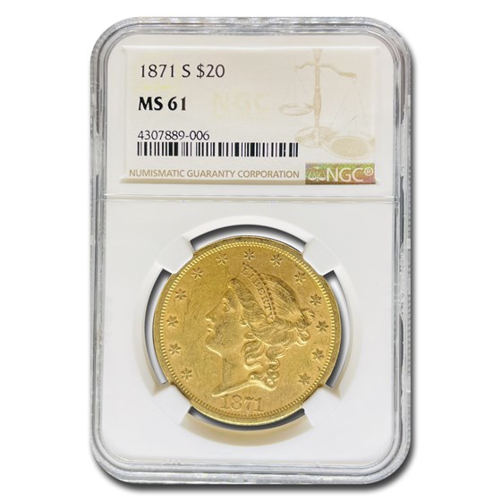 1871-S $20 Liberty Gold Double Eagle MS-61 NGC 1871-S $20 Liberty Gold Double Eagle MS-61 NGC