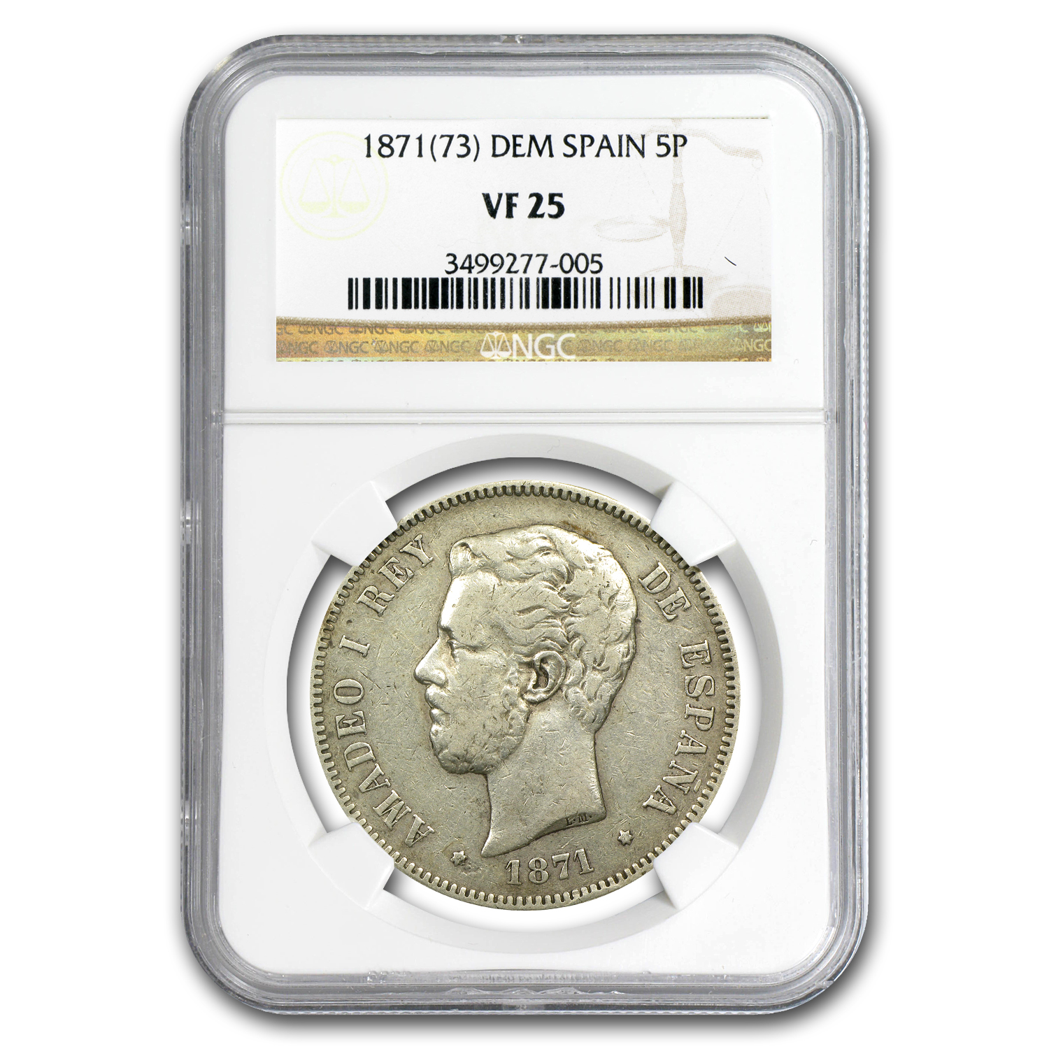 『NGC XF45』スペイン王国アマデオ1世5ペセタ銀貨（1871年） スペイン 5ペセタ大型銀貨 1871年銘 アマデオ1世 刻印入 流通美