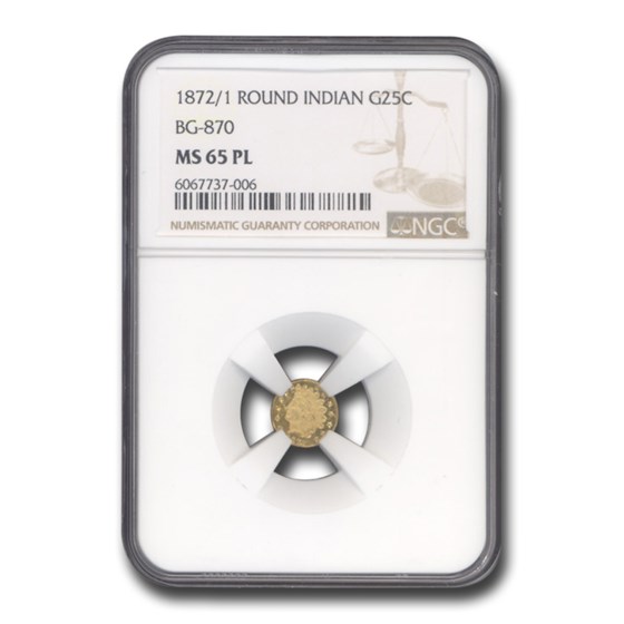 1872/1 Indian Round 25¢ Gold MS-65 NGC (PL, BG-870)