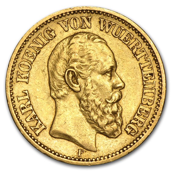 1872-1873 Germany Gold 20 Marks Württemberg Karl Avg Circ 1872-1873 Germany Gold 20 Marks Württemberg Karl Avg Circ