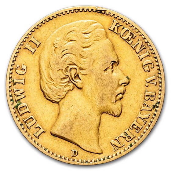 1872-1881 Germany Gold 10 Mark Bavaria Ludwig II Avg Circ 1872-1881 Germany Gold 10 Mark Bavaria Ludwig II Avg Circ