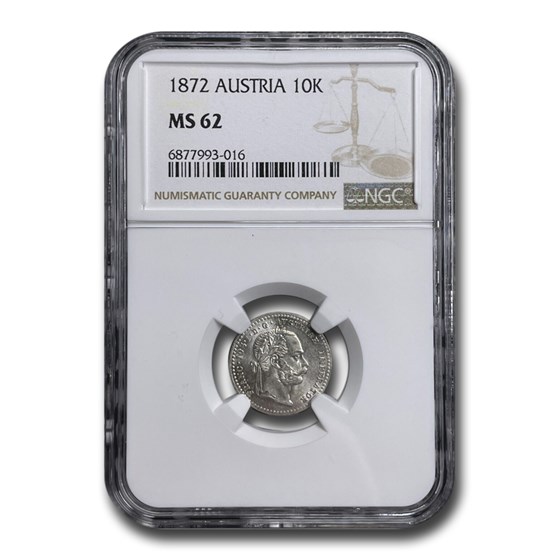 1872 Austria Silver 10 Kreuzer Joseph I MS-62 NGC 1872 Austria Silver 10 Kreuzer Joseph I MS-62 NGC