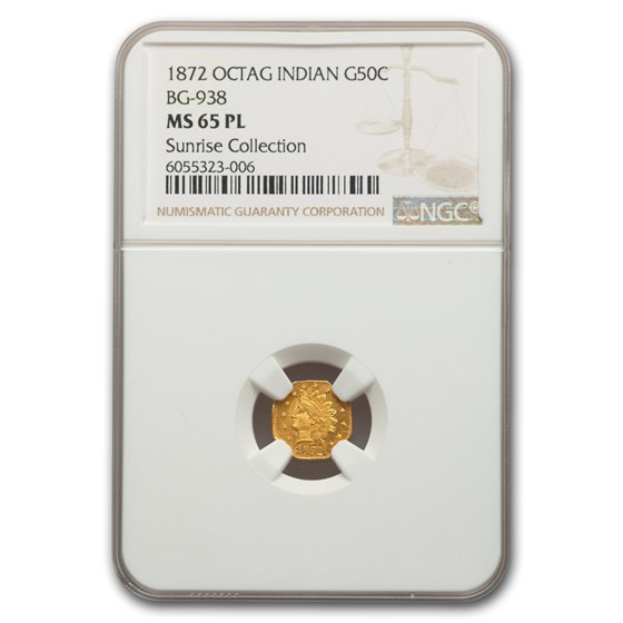1872 Indian Octagonal 50 Cent Gold MS-65 NGC (PL, BG-938) 1872 Indian Octagonal 50 Cent Gold MS-65 NGC (PL, BG-938)
