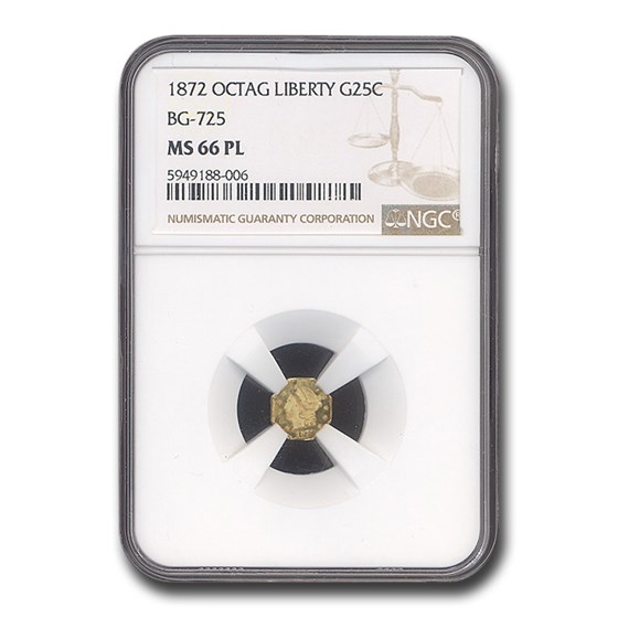 1872 Liberty Octagonal 25 Cent Gold MS-66 NGC (PL, BG-725)