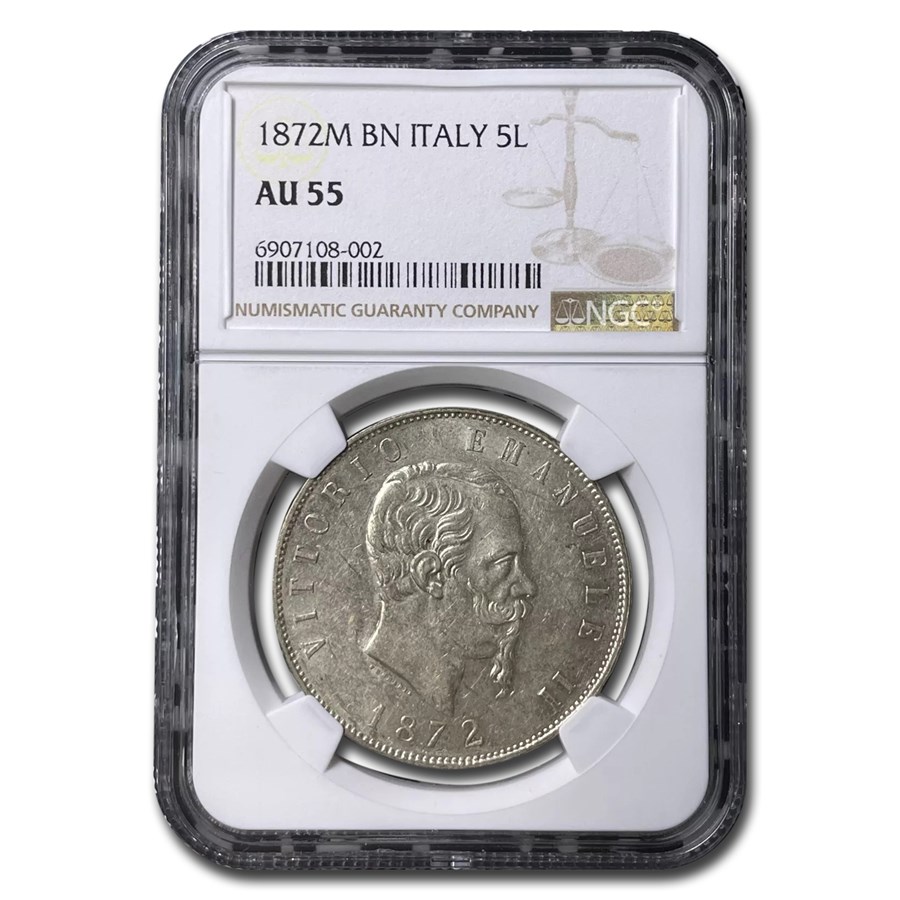 1872-M Italy Silver 5 Lire Emanuele II AU-55 NGC