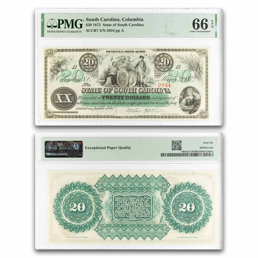 1872 South Carolina $20 Revenue Bond Scrip CU-66 EPQ PMG (CR-7)
