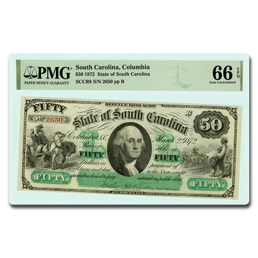 1872 South Carolina $50 Revenue Bond Scrip CU-66 EPQ PMG (CR-8)