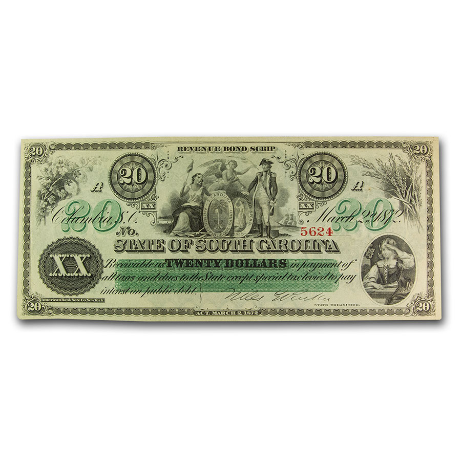 South Carolina Columbia 1872 $50 Revenue Bond Scrip CR-15 UNC 