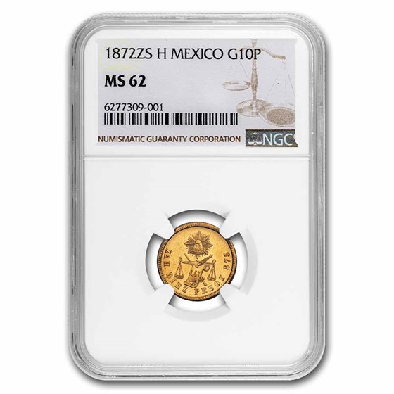 1872-Zs H Mexico Second Republic 10 Pesos MS-62 NGC
