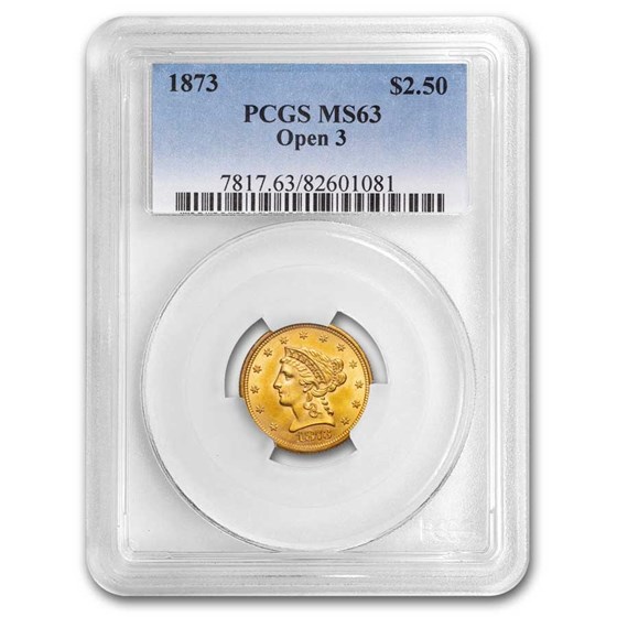 1873 $2.50 Liberty Gold Quarter Eagle Open 3 MS-63 PCGS 1873 $2.50 Liberty Gold Quarter Eagle Open 3 MS-63 PCGS