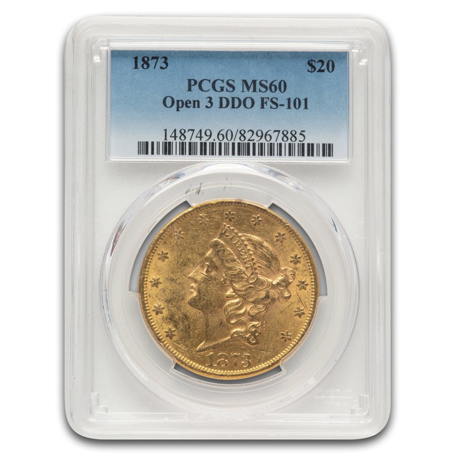 1873 $20 Liberty Gold Double Eagle MS-60 PCGS (Open 3 DDO FS-101)