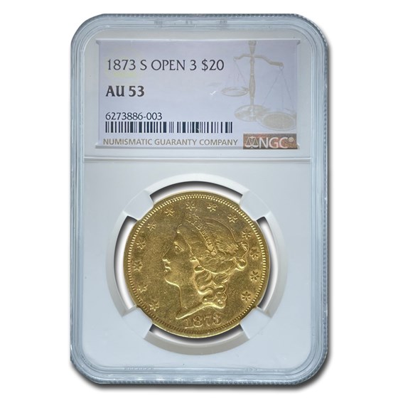 1873 $20 Liberty Gold Double Eagle Open 3 AU-53 NGC 1873 $20 Liberty Gold Double Eagle Open 3 AU-53 NGC