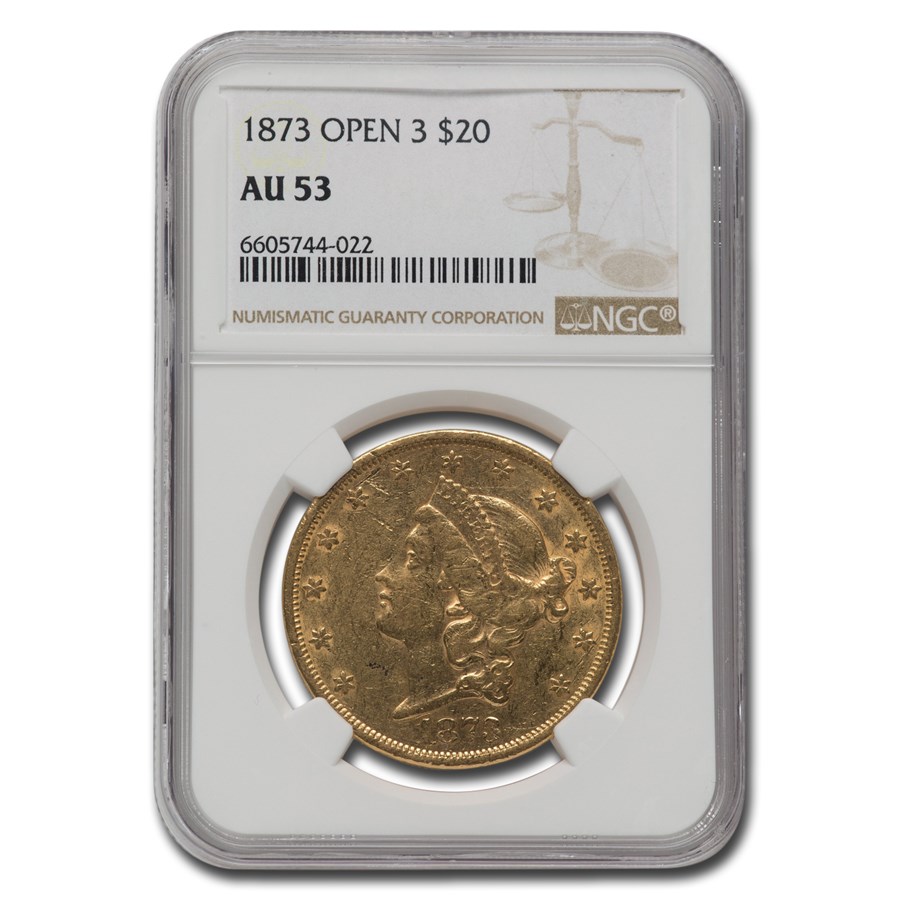 1873 $20 Liberty Gold Double Eagle Open 3 AU-53 NGC