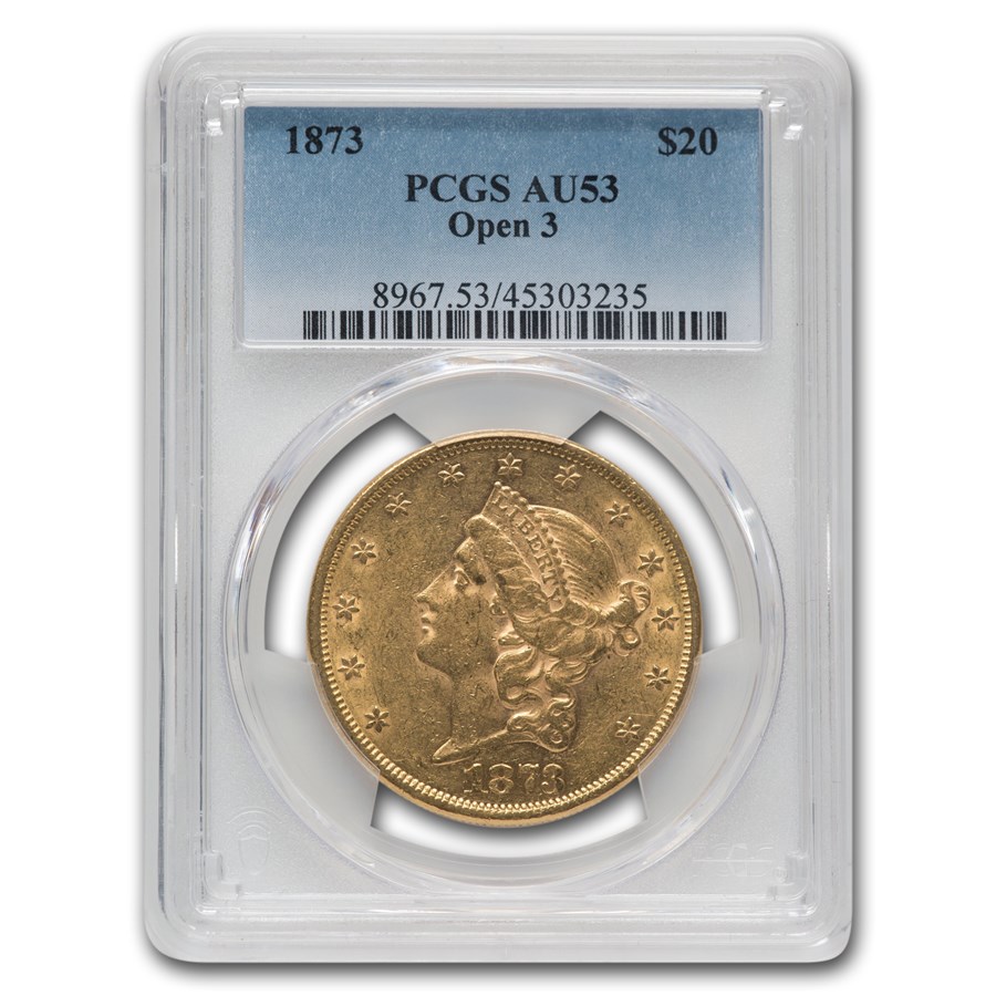 1873 $20 Liberty Gold Double Eagle Open 3 AU-53 PCGS