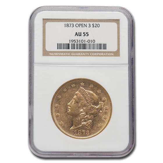 1873 $20 Liberty Gold Double Eagle Open 3 AU-55 NGC