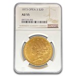 1873 $20 Liberty Gold Double Eagle Open 3 AU-55 NGC