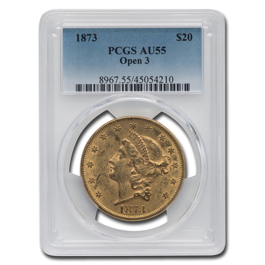 1873 $20 Liberty Gold Double Eagle Open 3 AU-55 PCGS