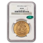 1873 $20 Liberty Gold Double Eagle Open 3 AU-58 NGC CAC