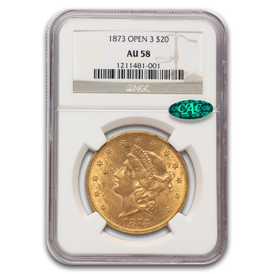 1873 $20 Liberty Gold Double Eagle Open 3 AU-58 NGC CAC