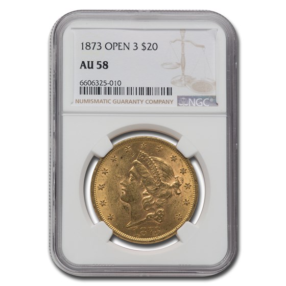 1873 $20 Liberty Gold Double Eagle Open 3 AU-58 NGC 1873 $20 Liberty Gold Double Eagle Open 3 AU-58 NGC
