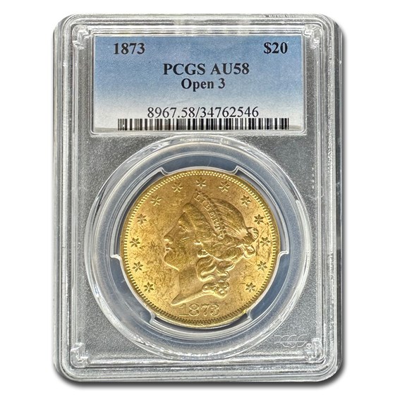1873 $20 Liberty Gold Double Eagle Open 3 AU-58 PCGS 1873 $20 Liberty Gold Double Eagle Open 3 AU-58 PCGS