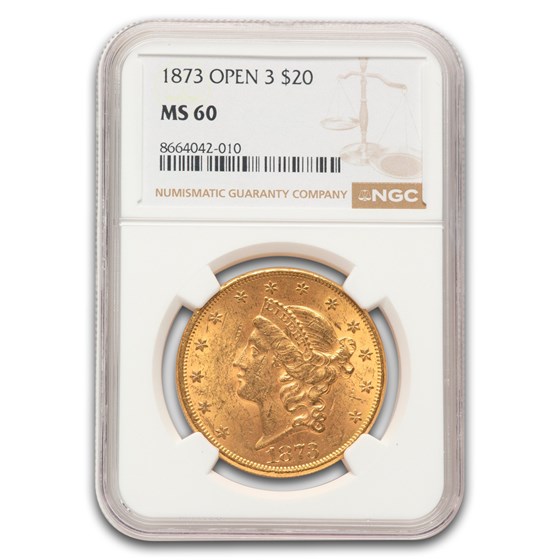 1873 $20 Liberty Gold Double Eagle Open 3 MS-60 NGC