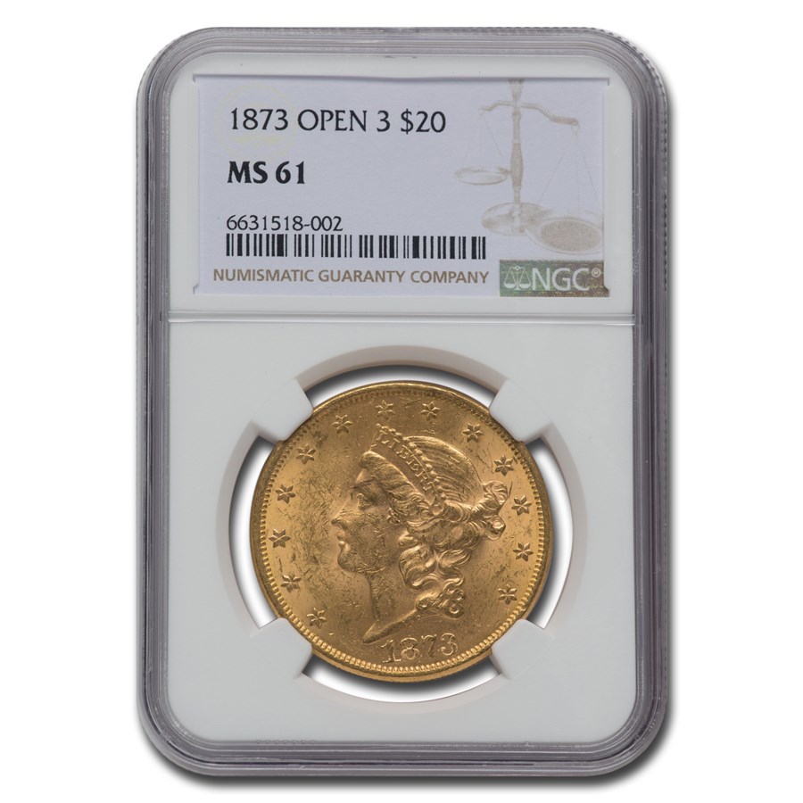1873 $20 Liberty Gold Double Eagle Open 3 MS-61 NGC