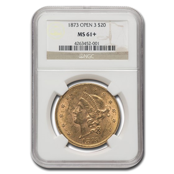 1873 $20 Liberty Gold Double Eagle Open 3 MS-61+ NGC
