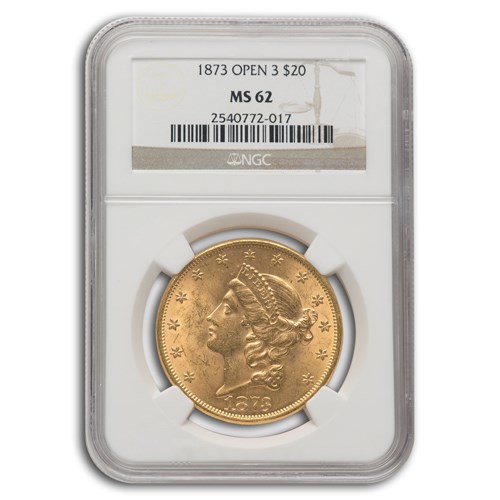 1873 $20 Liberty Gold Double Eagle Open 3 MS-62 NGC 1873 $20 Liberty Gold Double Eagle Open 3 MS-62 NGC