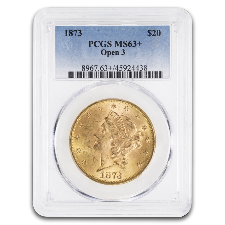 1873 $20 Liberty Gold Double Eagle Open 3 MS-63+ PCGS