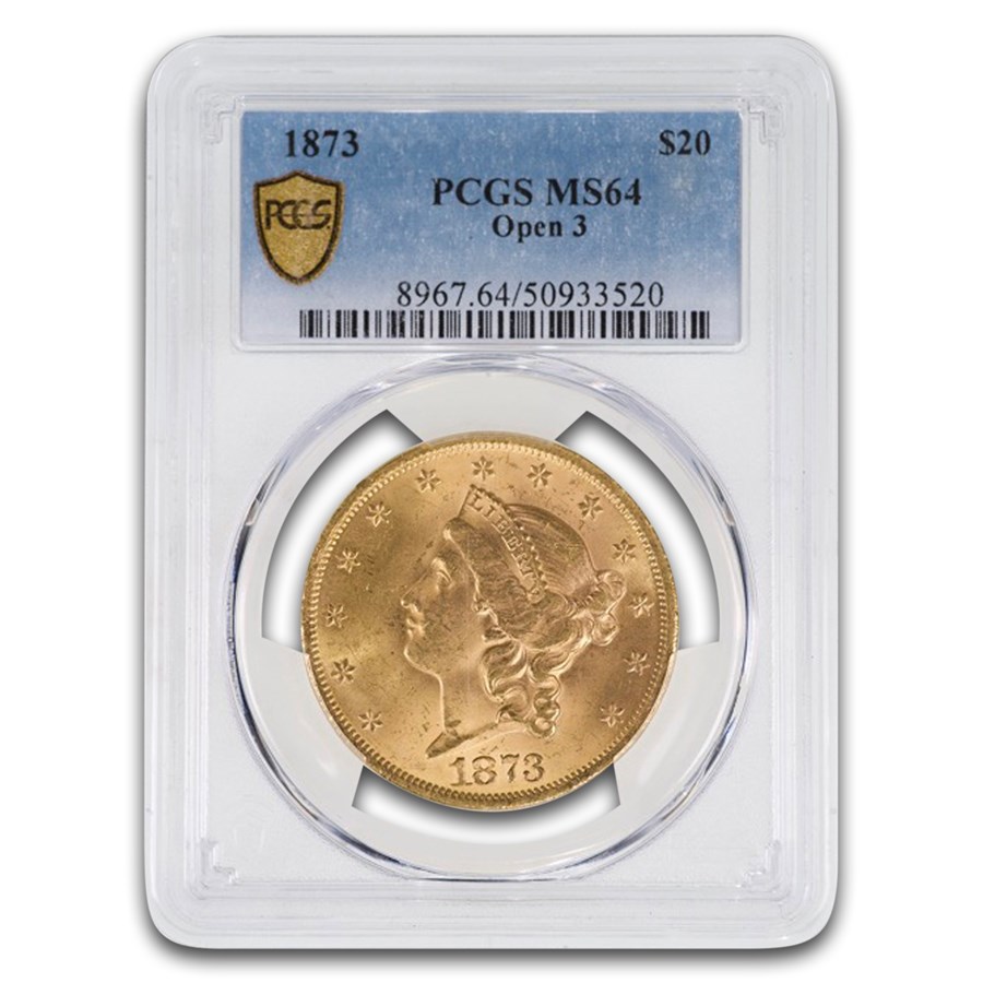 1873 $20 Liberty Gold Double Eagle Open 3 MS-64 PCGS