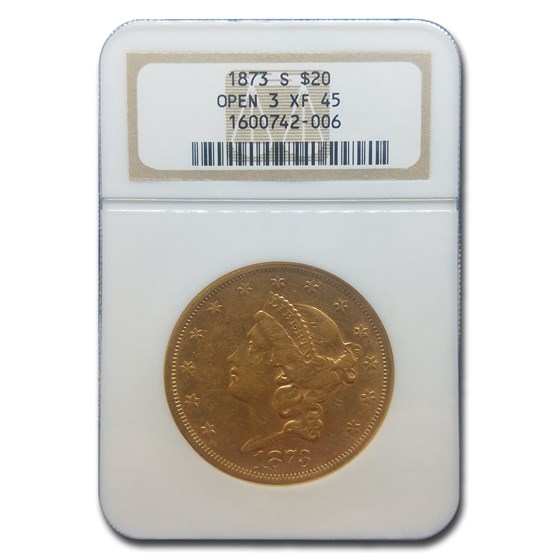 1873 $20 Liberty Gold Double Eagle Open 3 XF-45 NGC 1873 $20 Liberty Gold Double Eagle Open 3 XF-45 NGC