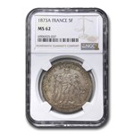 1873-A France Silver 5 Francs MS-62 NGC