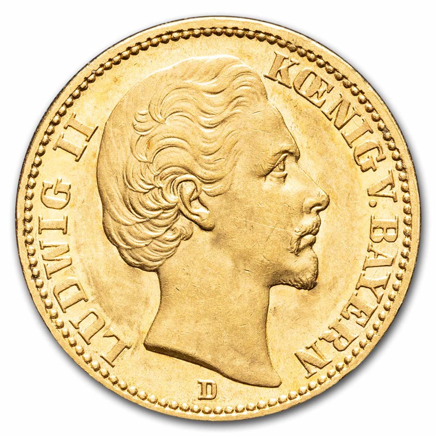 1873 D German States Bavaria Gold 20 Marks Louis II BU
