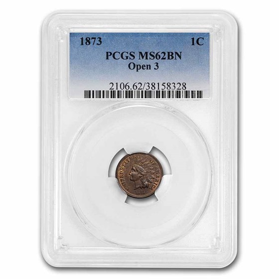 1873 Indian Head Cent Open 3 MS-62 PCGS (Brown)
