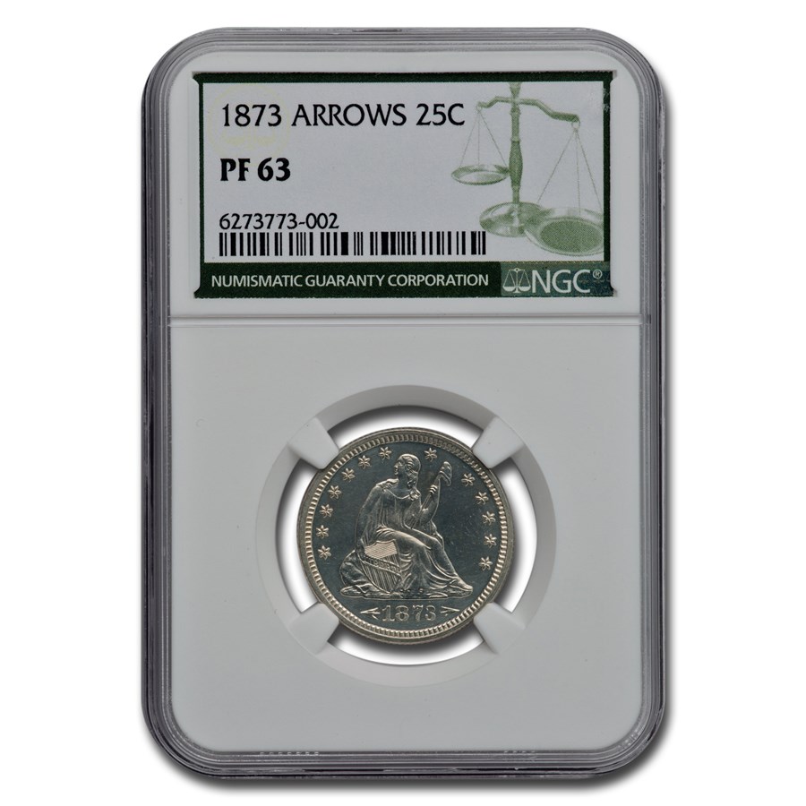 1873 Liberty Seated Quarter PF-63 NGC (Green Label, Arrows)
