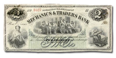 1873 Mechanics & Traders Bank of New Orleans $2.00 Certificate 1873 Mechanics & Traders Bank of New Orleans $2.00 Certificate