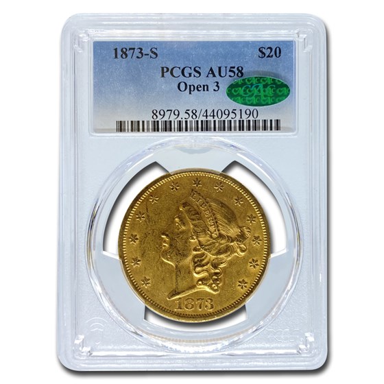 1873-S $20 Liberty Gold Double Eagle AU-58 PCGS CAC (Open 3) 1873-S $20 Liberty Gold Double Eagle AU-58 PCGS CAC (Open 3)