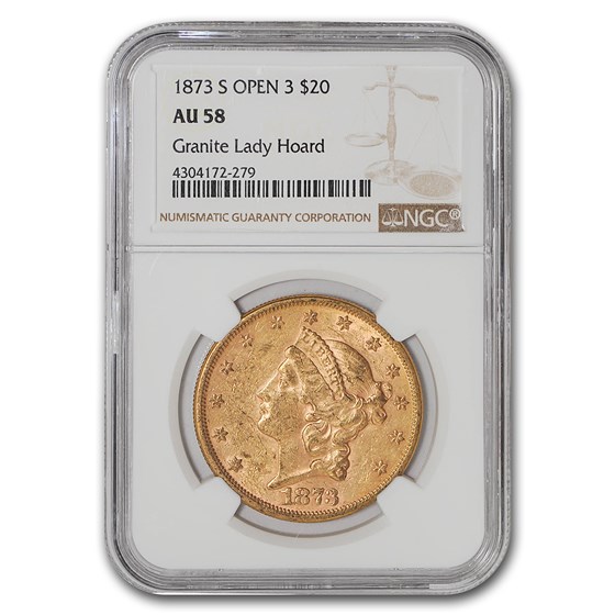 1873-S $20 Liberty Gold Double Eagle Closed 3 AU-58 NGC 1873-S $20 Liberty Gold Double Eagle Closed 3 AU-58 NGC