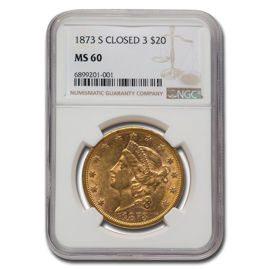 1873-S $20 Liberty Gold Double Eagle Closed 3 MS-60 NGC