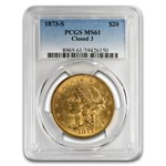 1873-S $20 Liberty Gold Double Eagle Closed 3 MS-61 PCGS